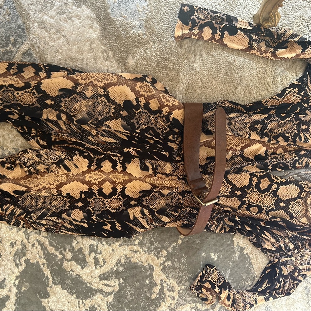 VENUS Snake Print Jumpsuit with Belt - Black and Tan